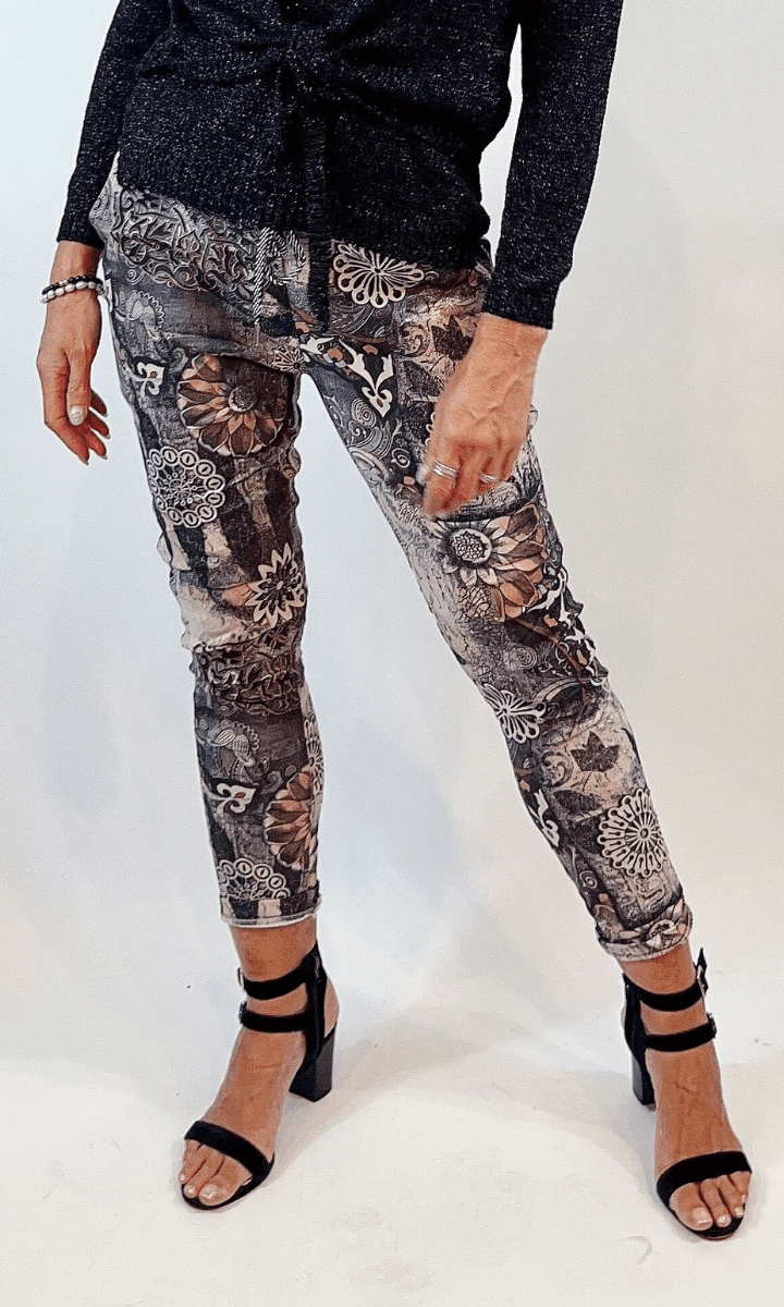 La Strada Multi Print Charcoal Jogger Pant.