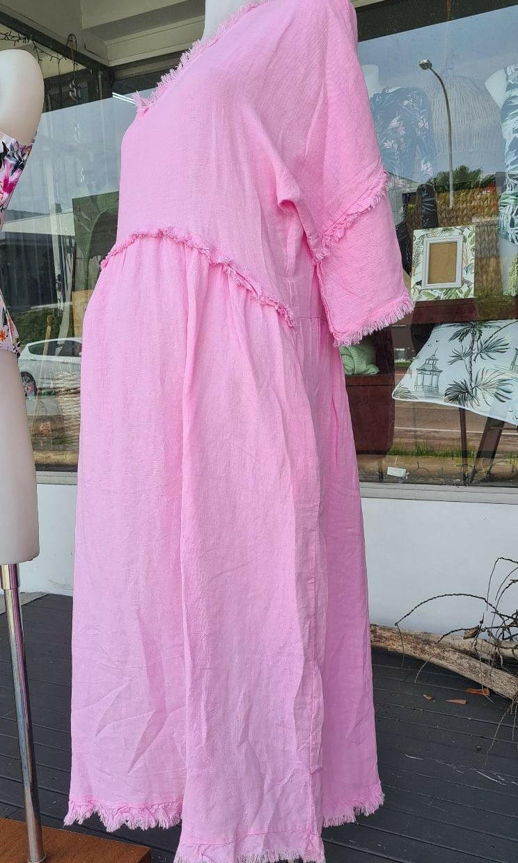 LSD21-999P La Strada Fringe Candy Pink Linen Dress.