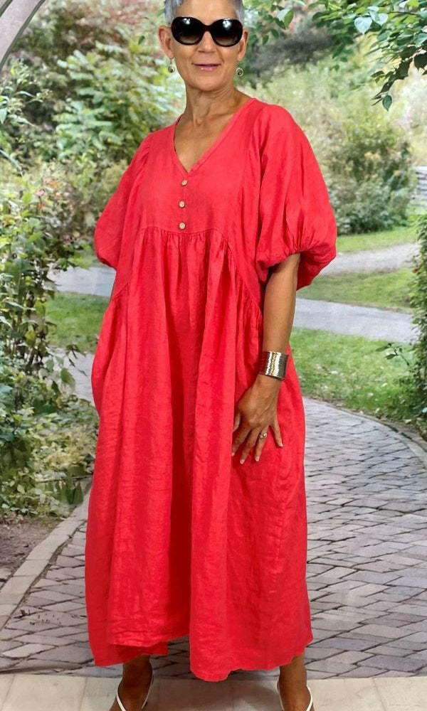 La Strada LSD21-938 Italian Linen Loose Wooden Button Kaftan Dress.