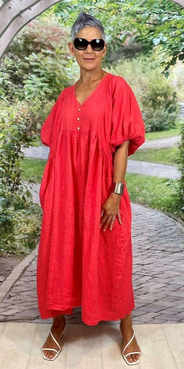 La Strada LSD21-938 Italian Linen Loose Wooden Button Kaftan Dress.