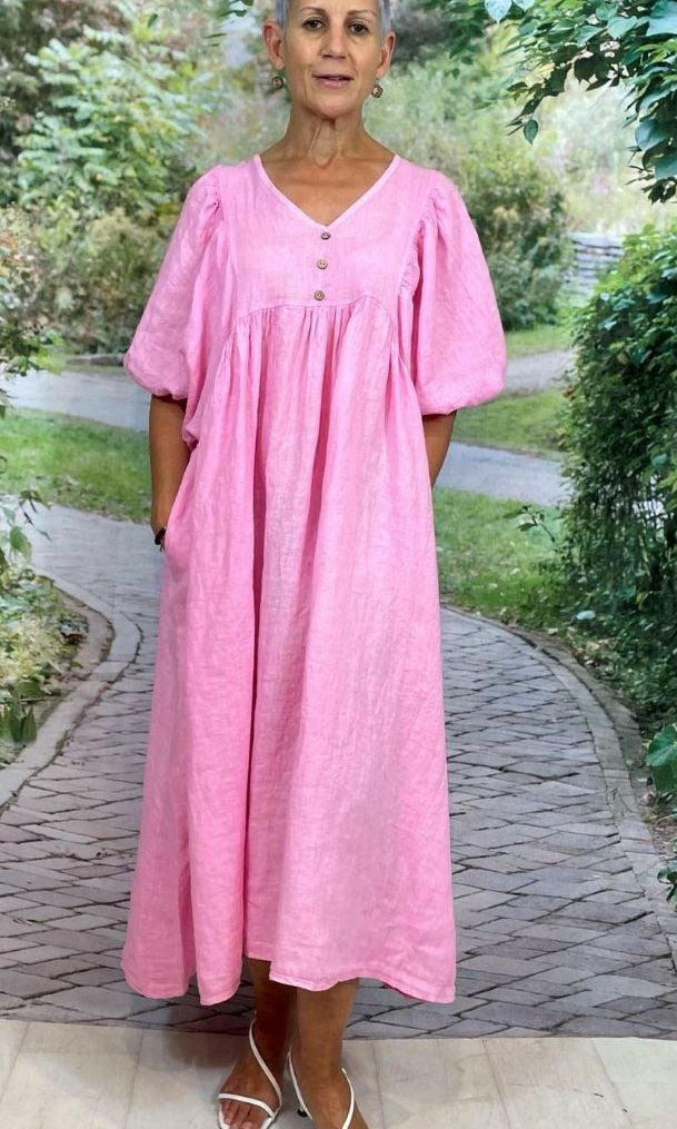 La Strada LSD21-938 Italian Linen Loose Wooden Button Kaftan Dress.