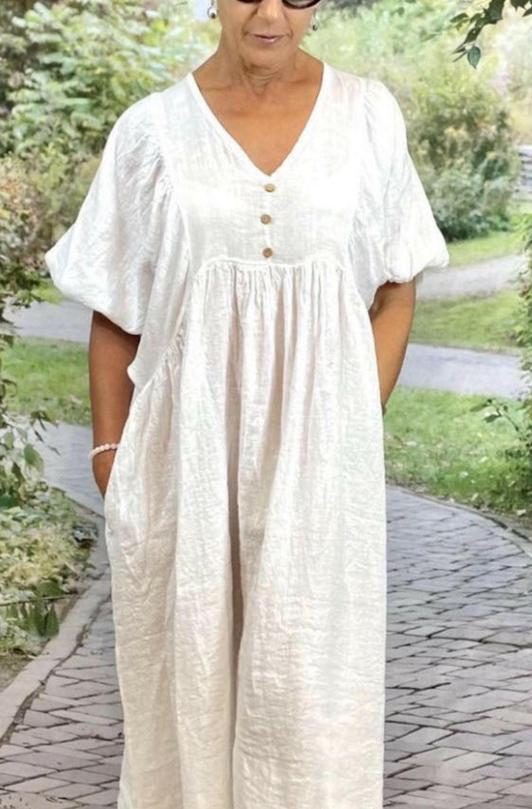 La Strada LSD21-938 Italian Linen Loose Wooden Button Kaftan Dress.