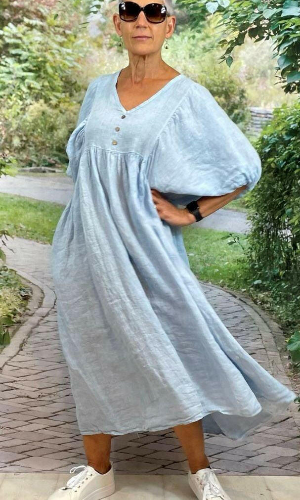 La Strada LSD21-938 Italian Linen Loose Wooden Button Kaftan Dress.
