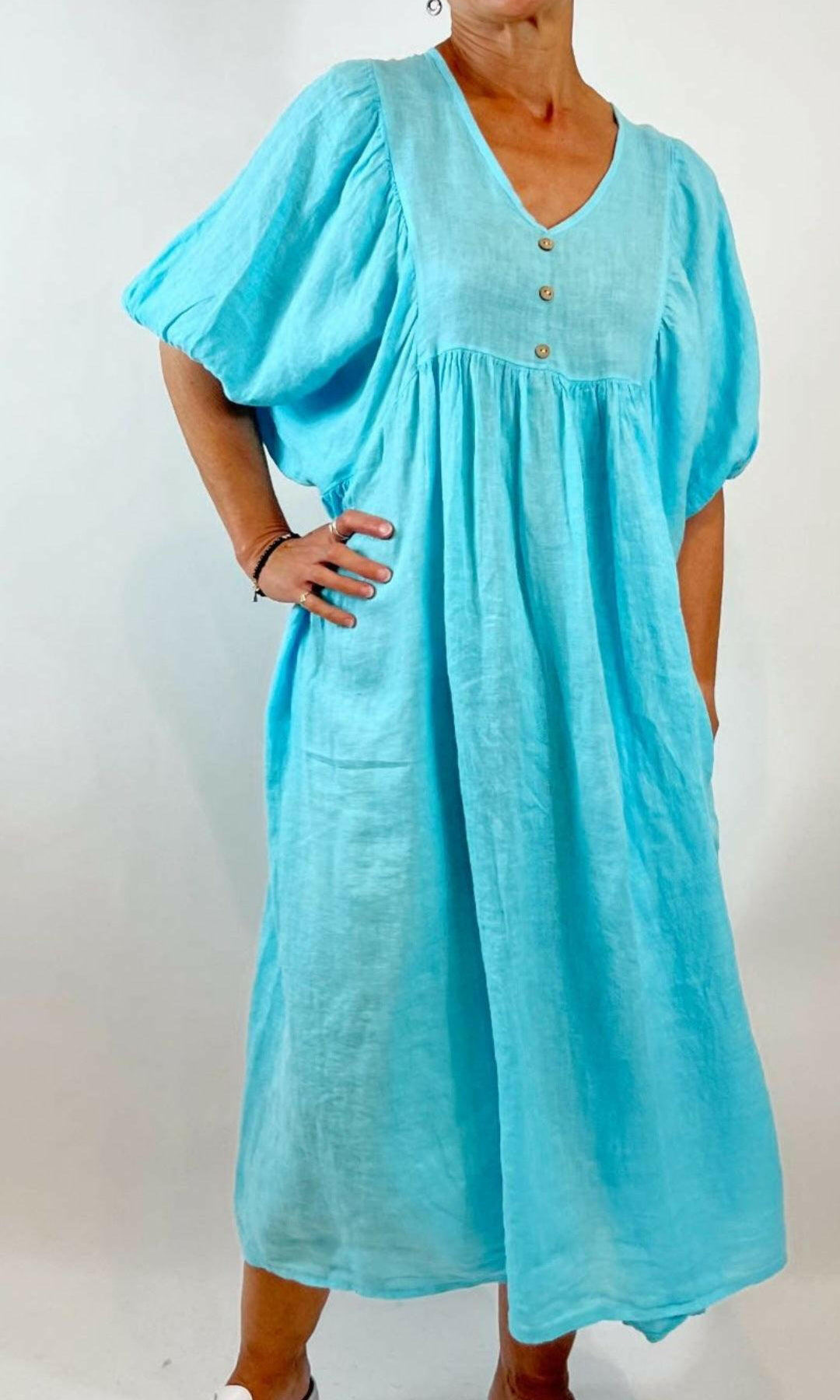 La Strada LSD21-938 Italian Linen Loose Wooden Button Kaftan Dress.