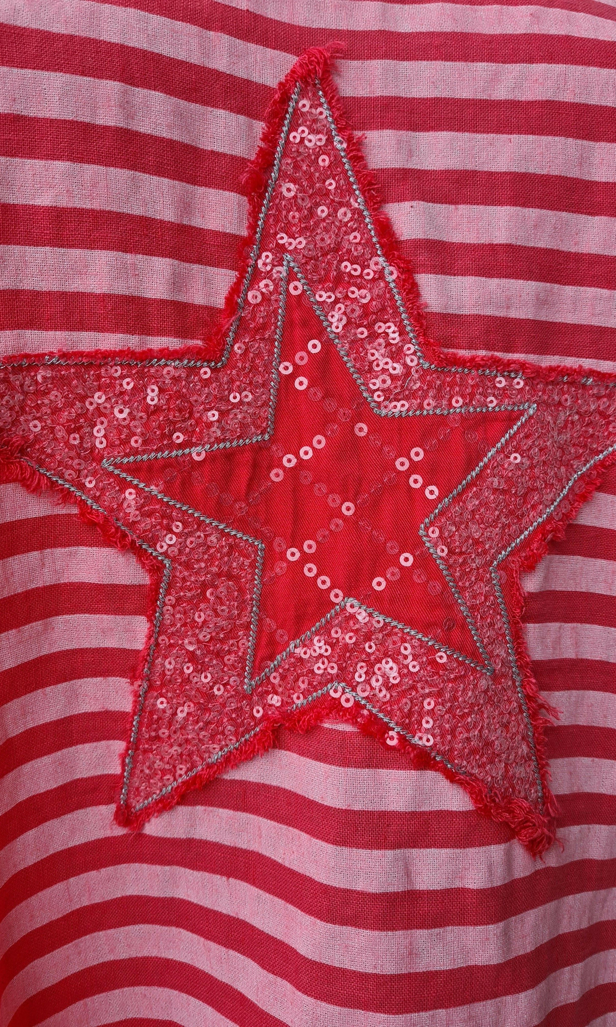 LST21-D1 La Strada Linen Cotton Coral Stripe Star Top.