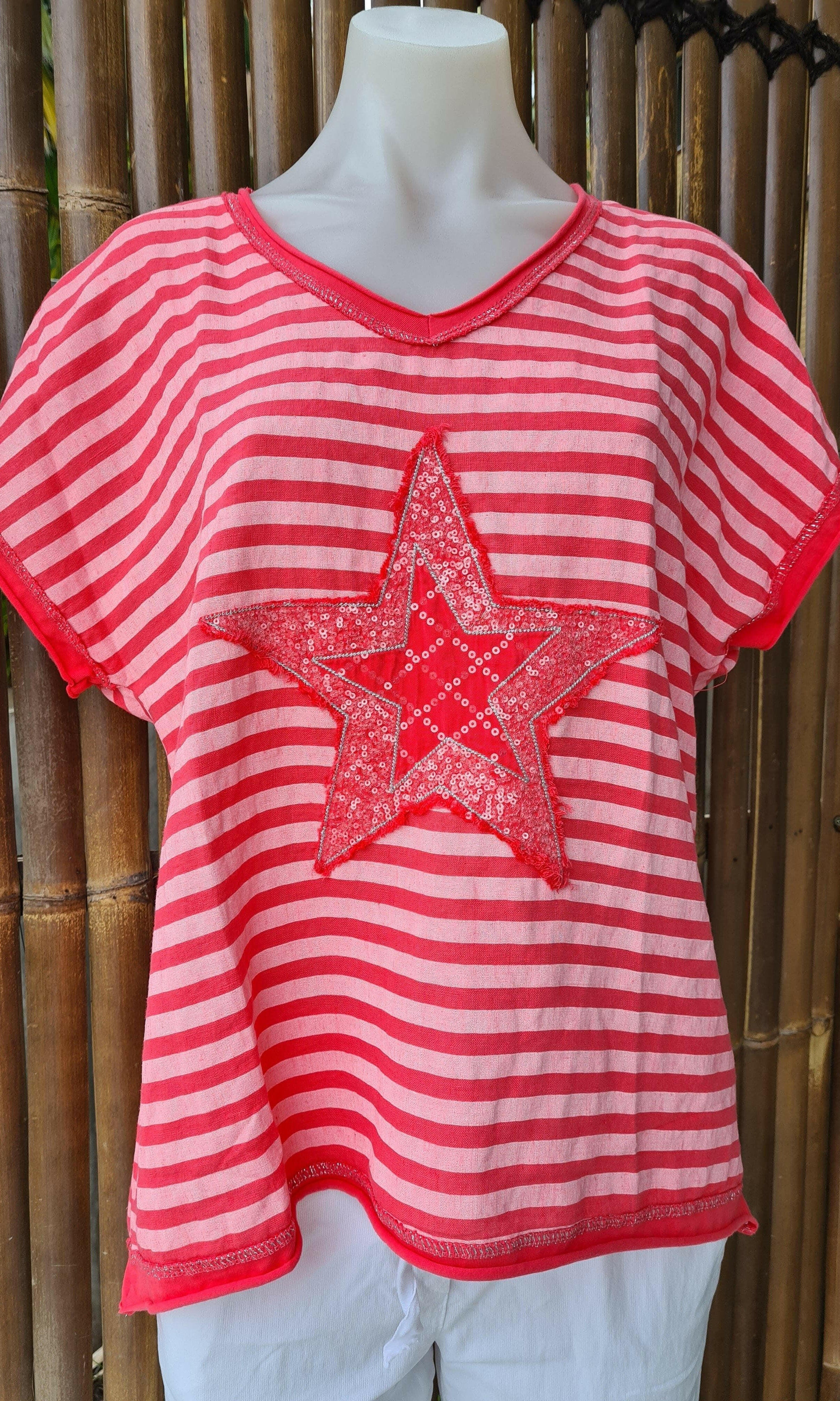 LST21-D1 La Strada Linen Cotton Coral Stripe Star Top.