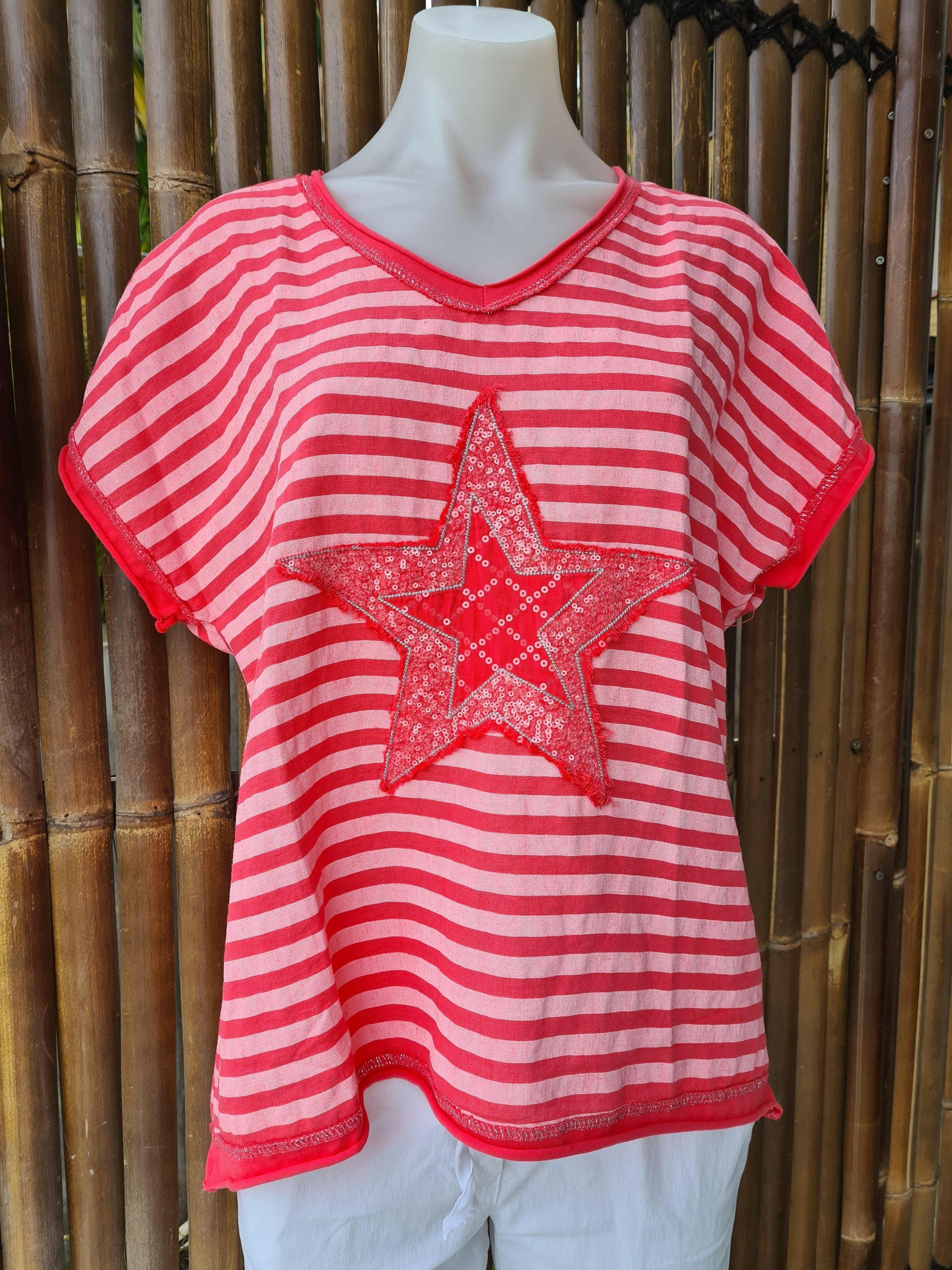 LST21-D1 La Strada Linen Cotton Coral Stripe Star Top.