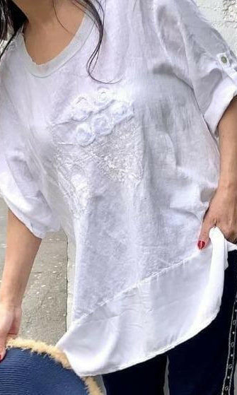 LSTU21-96A La Strada White Linen Sequin Top.