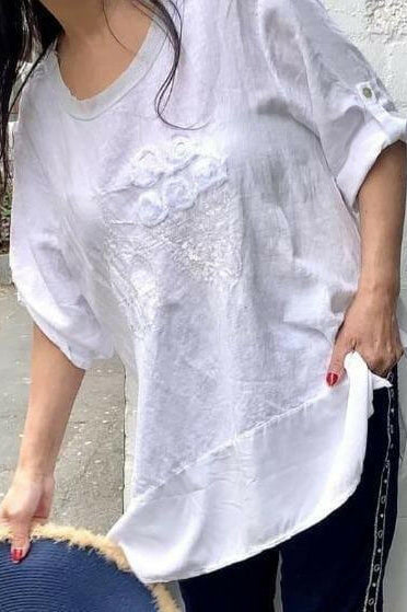 LSTU21-96A La Strada White Linen Sequin Top.