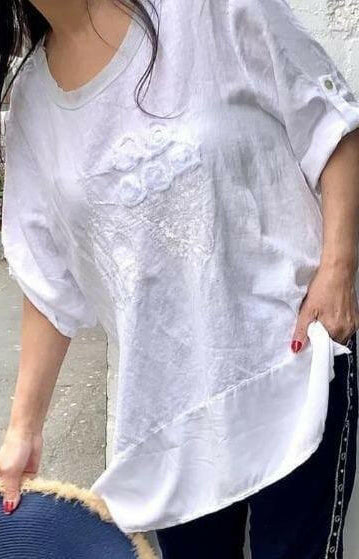 LSTU21-96A La Strada White Linen Sequin Top.