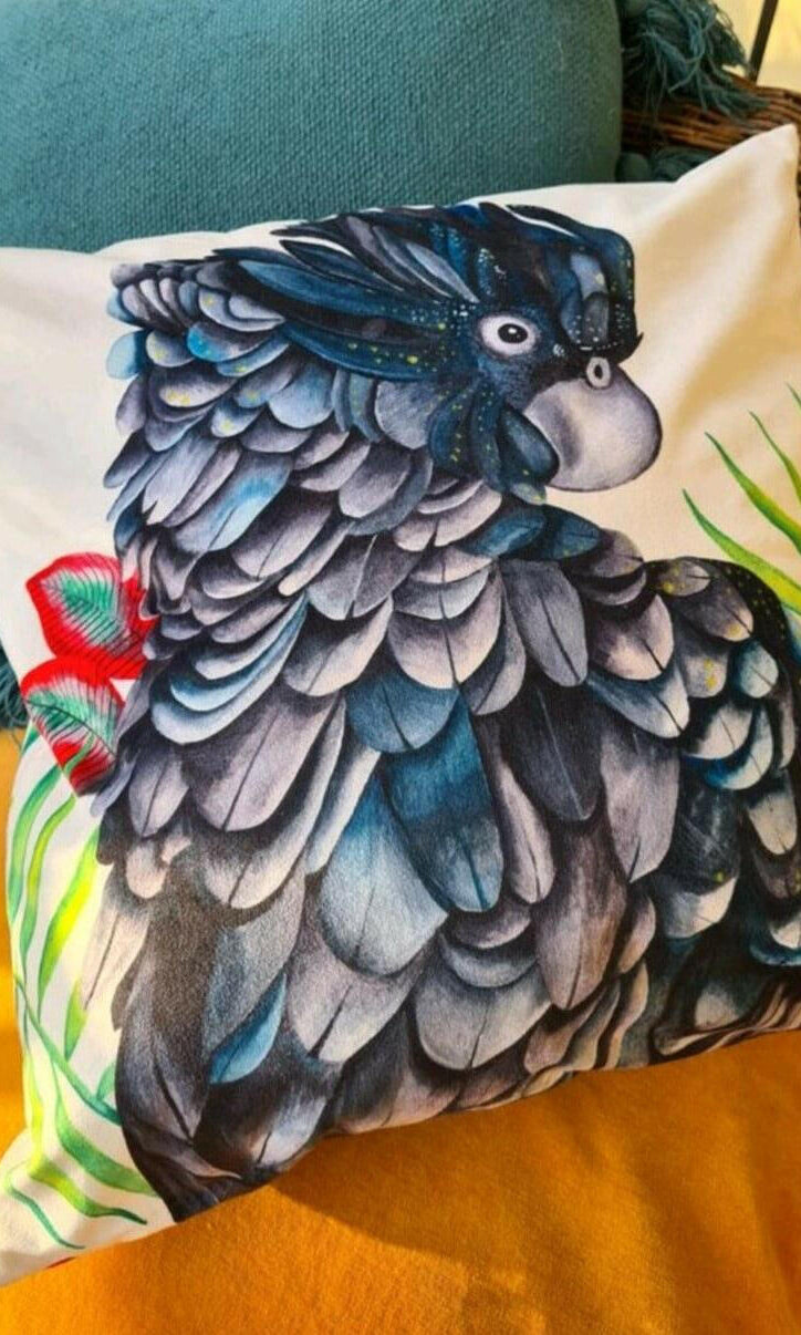 Black Cockatoo Cushion Cover 45 x -45cm Soft Plush Double Sided.