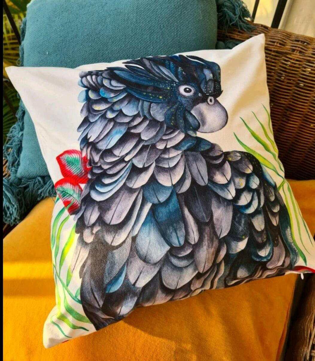 Black Cockatoo Cushion Cover 45 x -45cm Soft Plush Double Sided.