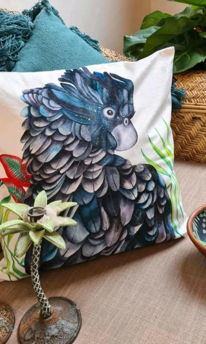 Black Cockatoo Cushion Cover 45 x -45cm Soft Plush Double Sided.