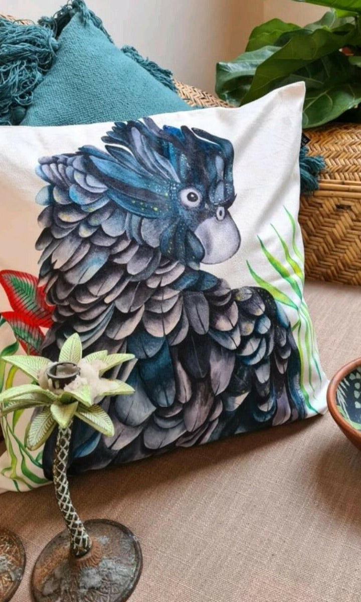 Black Cockatoo Cushion Cover 45 x -45cm Soft Plush Double Sided.