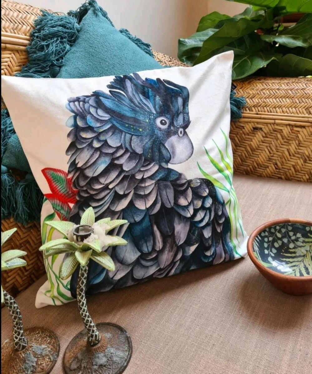 Black Cockatoo Cushion Cover 45 x -45cm Soft Plush Double Sided.