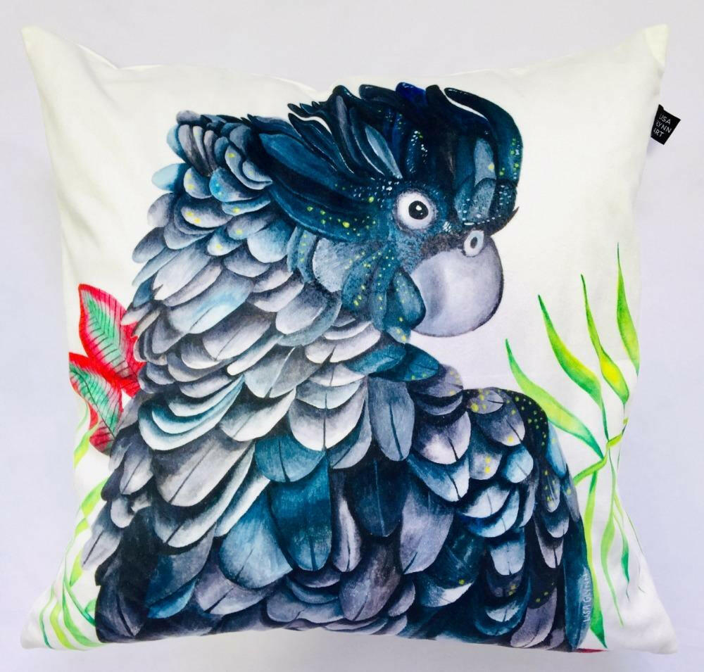 Black Cockatoo Cushion Cover 45 x -45cm Soft Plush Double Sided.
