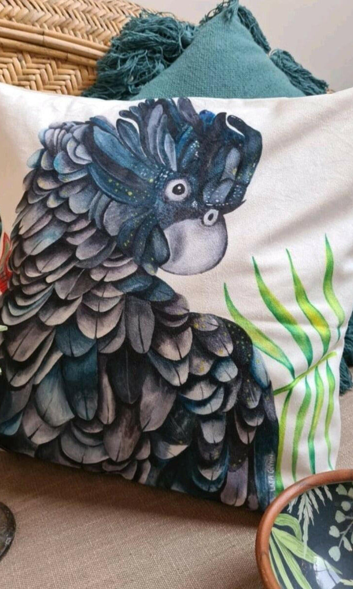 Black Cockatoo Cushion Cover 45 x -45cm Soft Plush Double Sided.