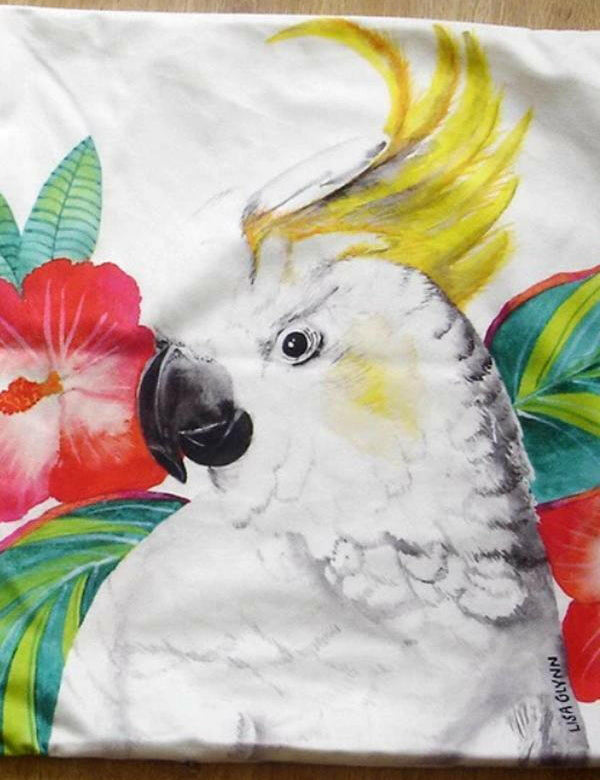 Cockatoo with Hibiscus Cushion Cover 45 x 45 cm.
