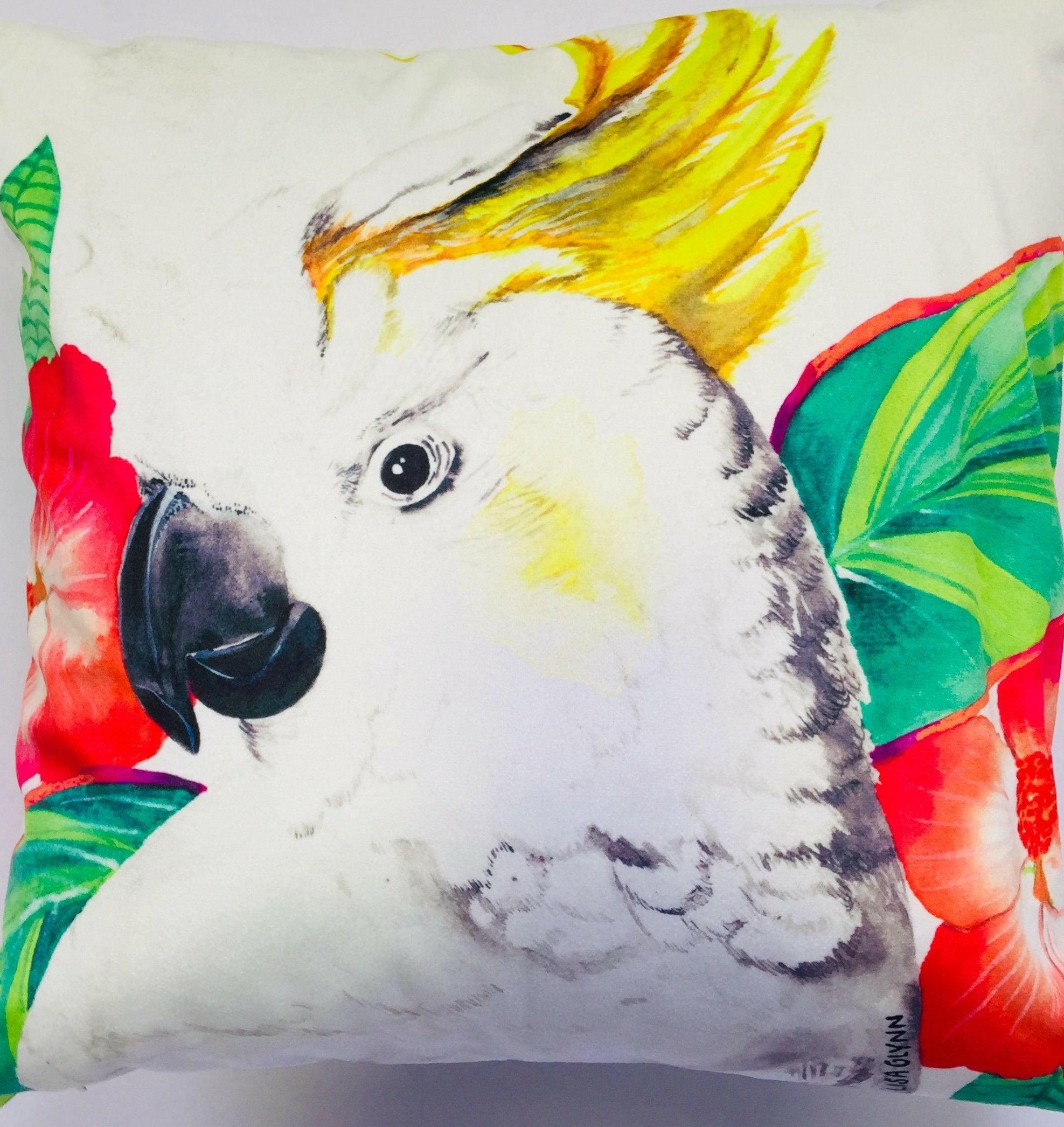 Cockatoo with Hibiscus Cushion Cover 45 x 45 cm.