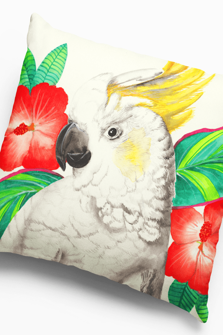 Cockatoo with Hibiscus Cushion Cover 45 x -45cm Soft Plush Double Printed.