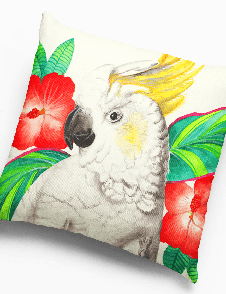 Cockatoo with Hibiscus Cushion Cover 45 x -45cm Soft Plush Double Printed.