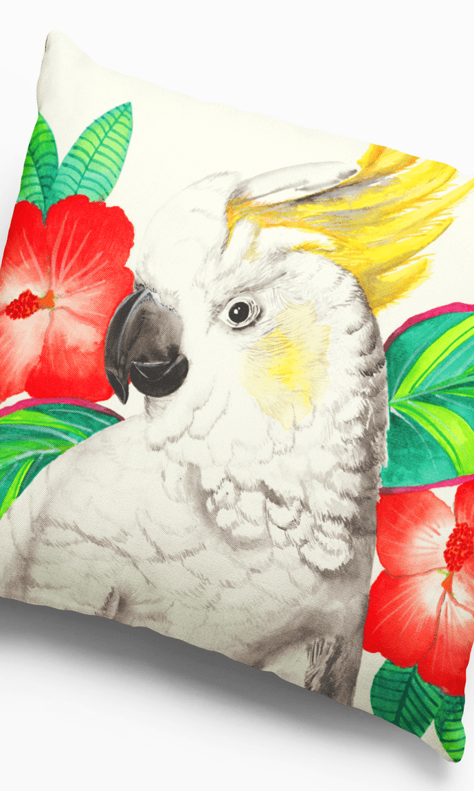 Cockatoo with Hibiscus Cushion Cover 45 x -45cm Soft Plush Double Printed.