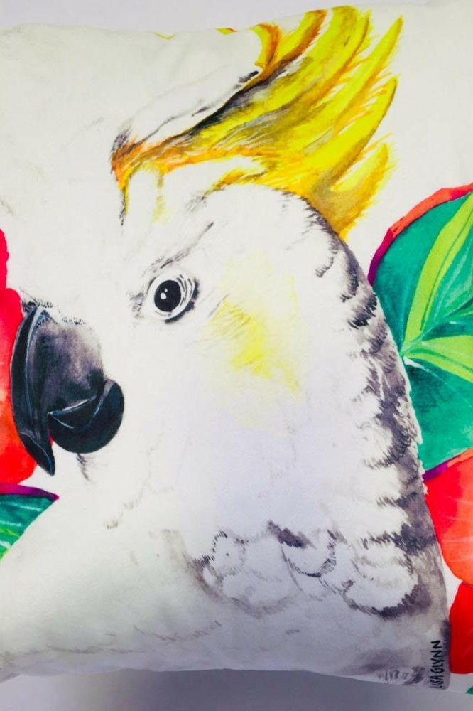 Cockatoo with Hibiscus Cushion Cover 45 x -45cm Soft Plush Double Printed.