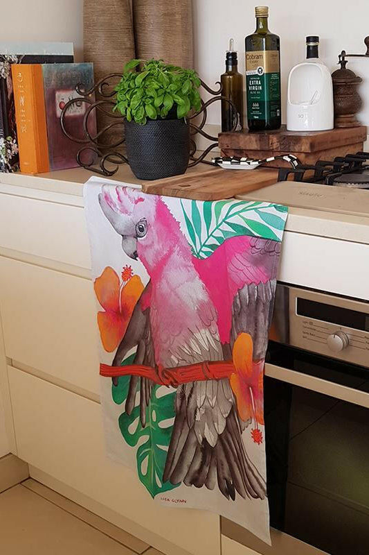 Pink and Grey Galah Tea Towel 100% Cotton.