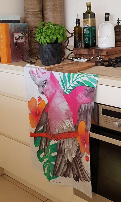 Pink and Grey Galah Tea Towel 100% Cotton.