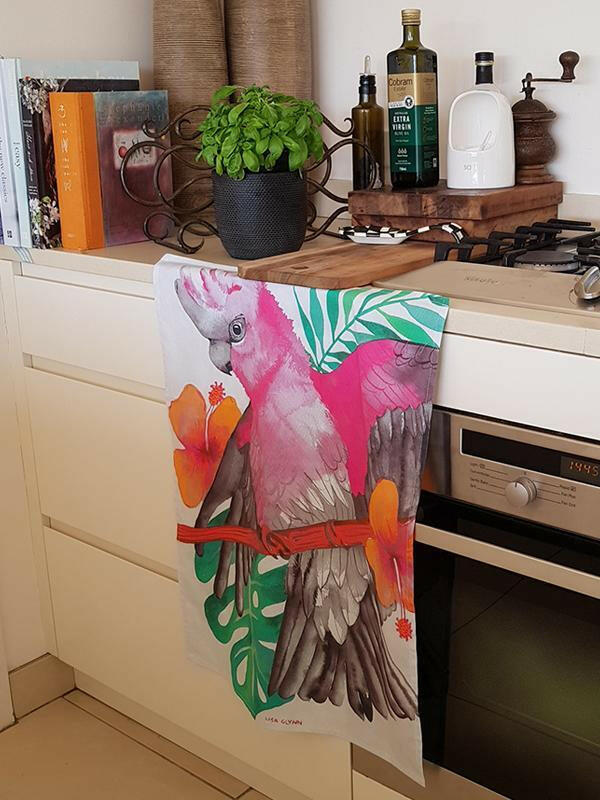 Pink and Grey Galah Tea Towel 100% Cotton.