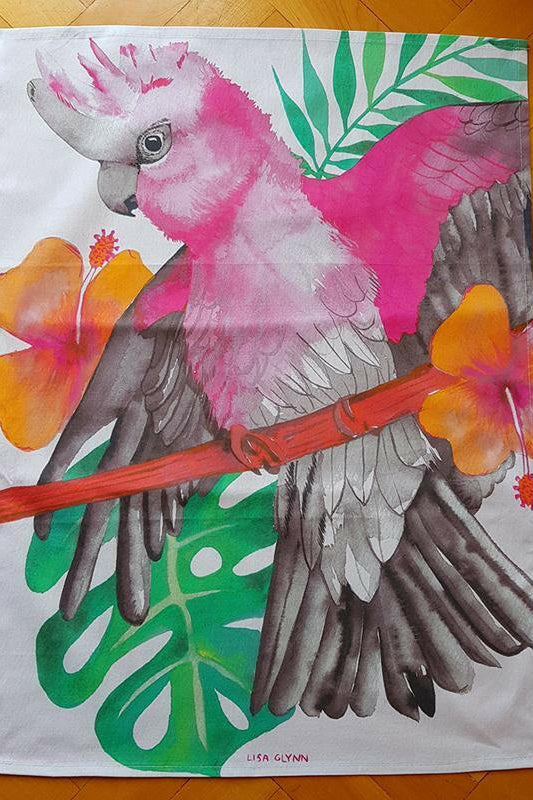 Pink and Grey Galah Tea Towel 100% Cotton.