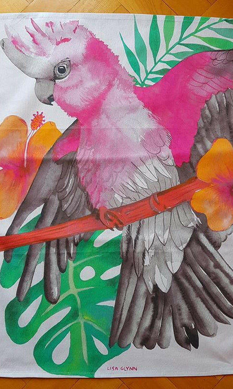 Pink and Grey Galah Tea Towel 100% Cotton.