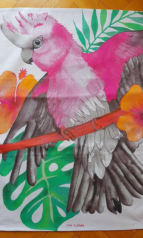 Pink and Grey Galah Tea Towel 100% Cotton.