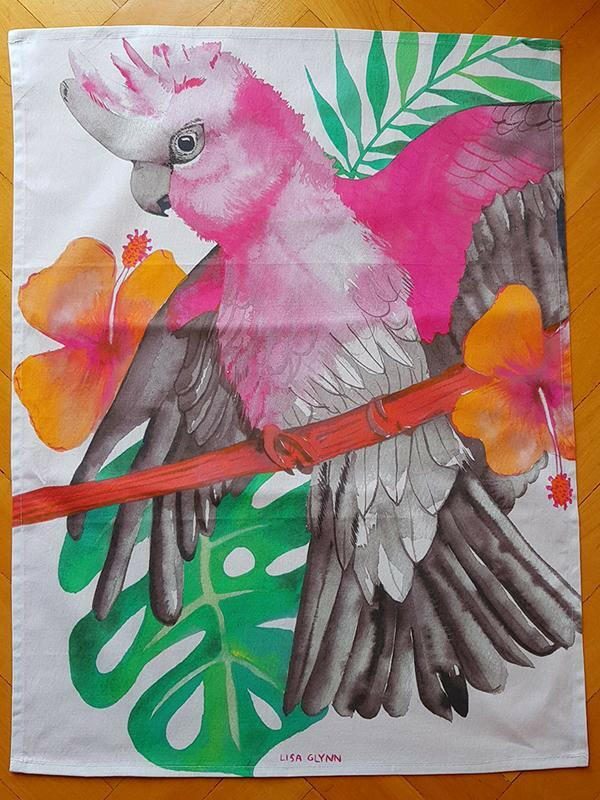 Pink and Grey Galah Tea Towel 100% Cotton.