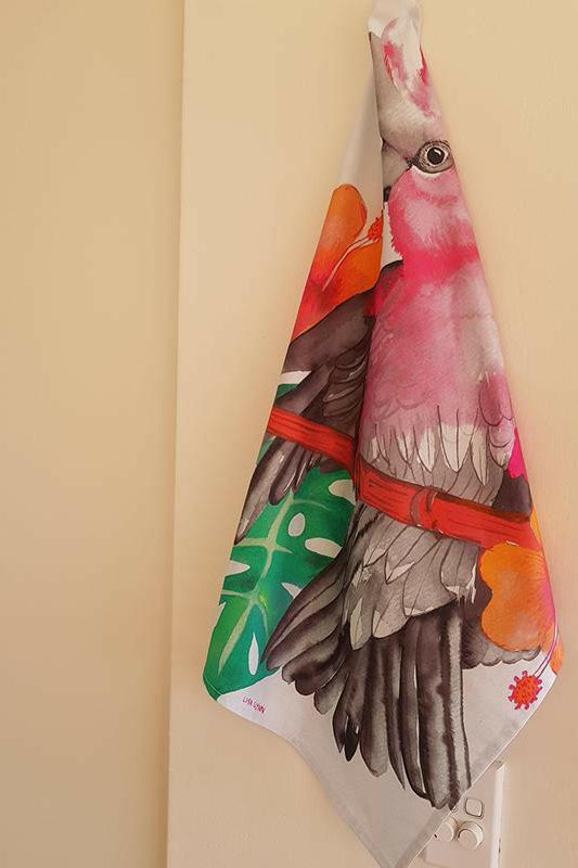 Pink and Grey Galah Tea Towel 100% Cotton.