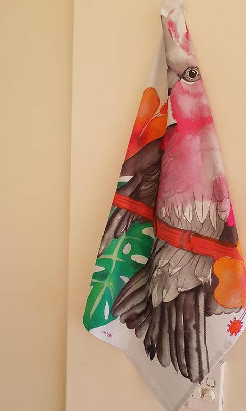 Pink and Grey Galah Tea Towel 100% Cotton.