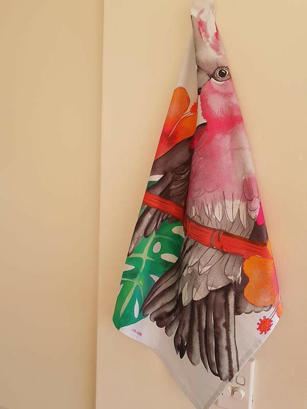 Pink and Grey Galah Tea Towel 100% Cotton.