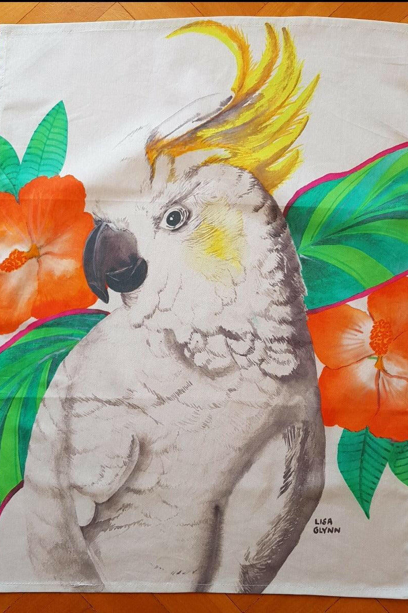 Cockatoo With Hibiscus Tea Towel.