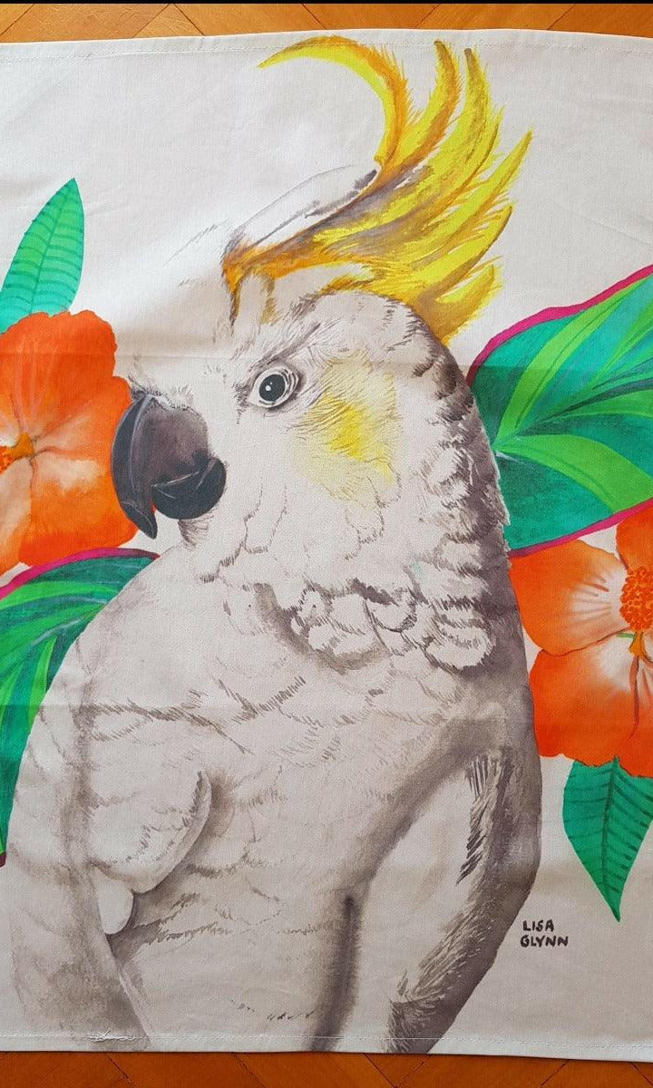 Cockatoo With Hibiscus Tea Towel.