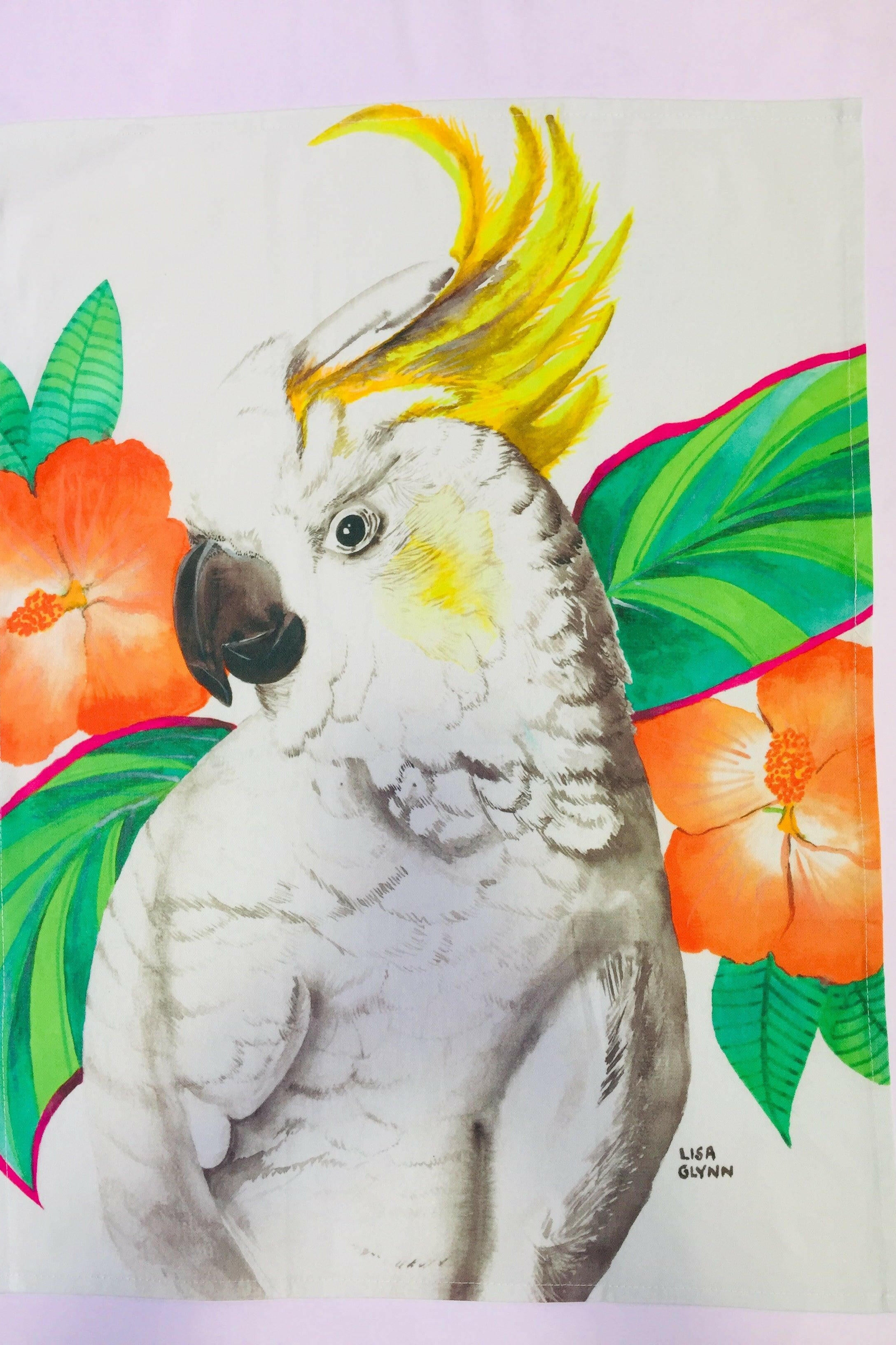 Cockatoo With Hibiscus Tea Towel.
