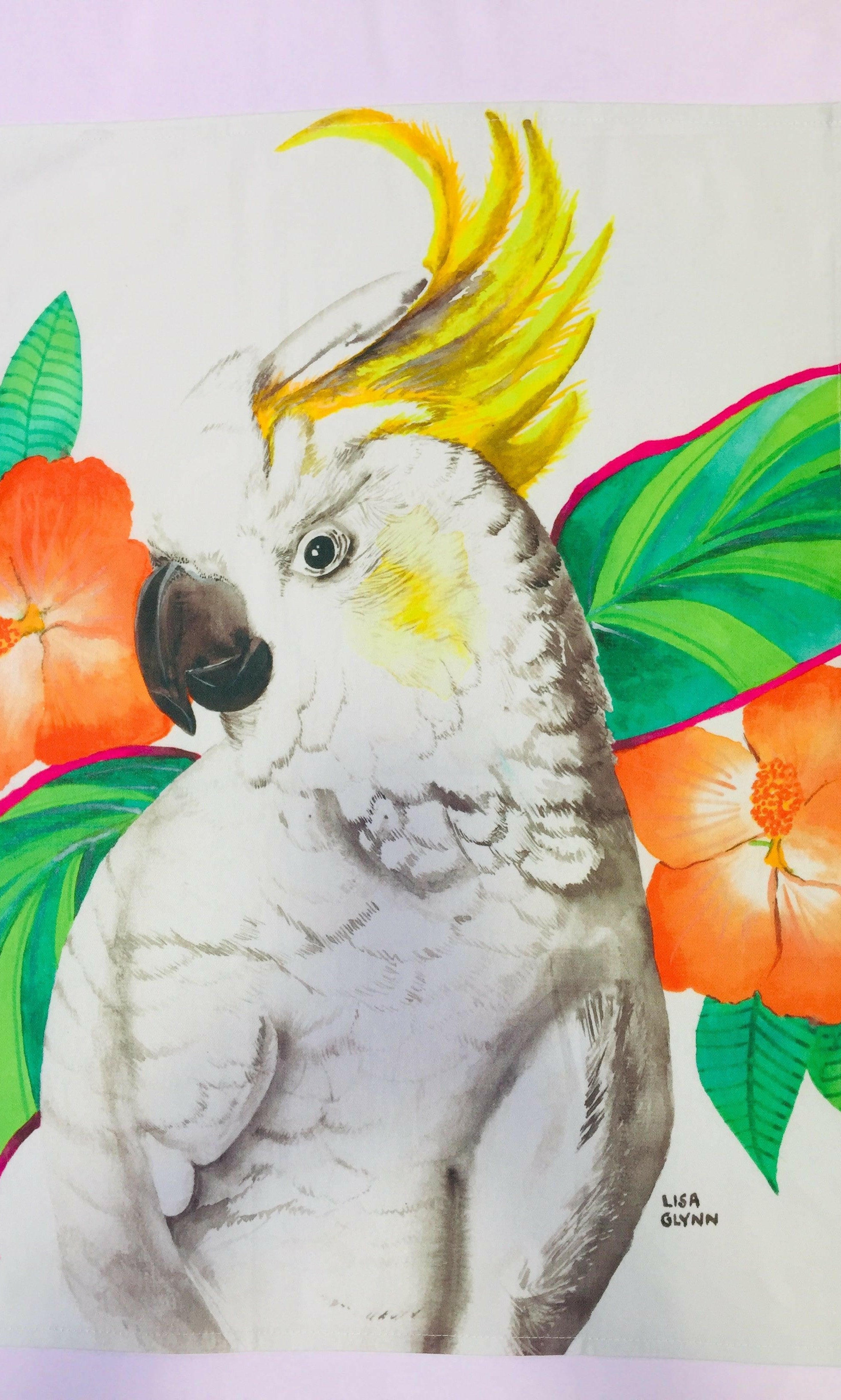 Cockatoo With Hibiscus Tea Towel.