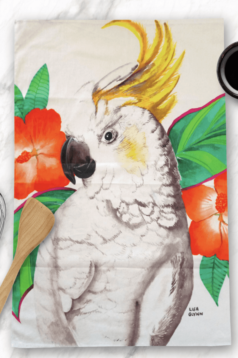 Cockatoo With Hibiscus Tea Towel.