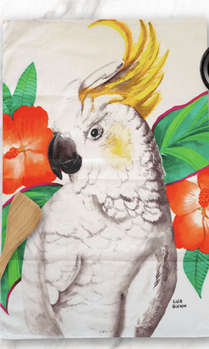 Cockatoo With Hibiscus Tea Towel.