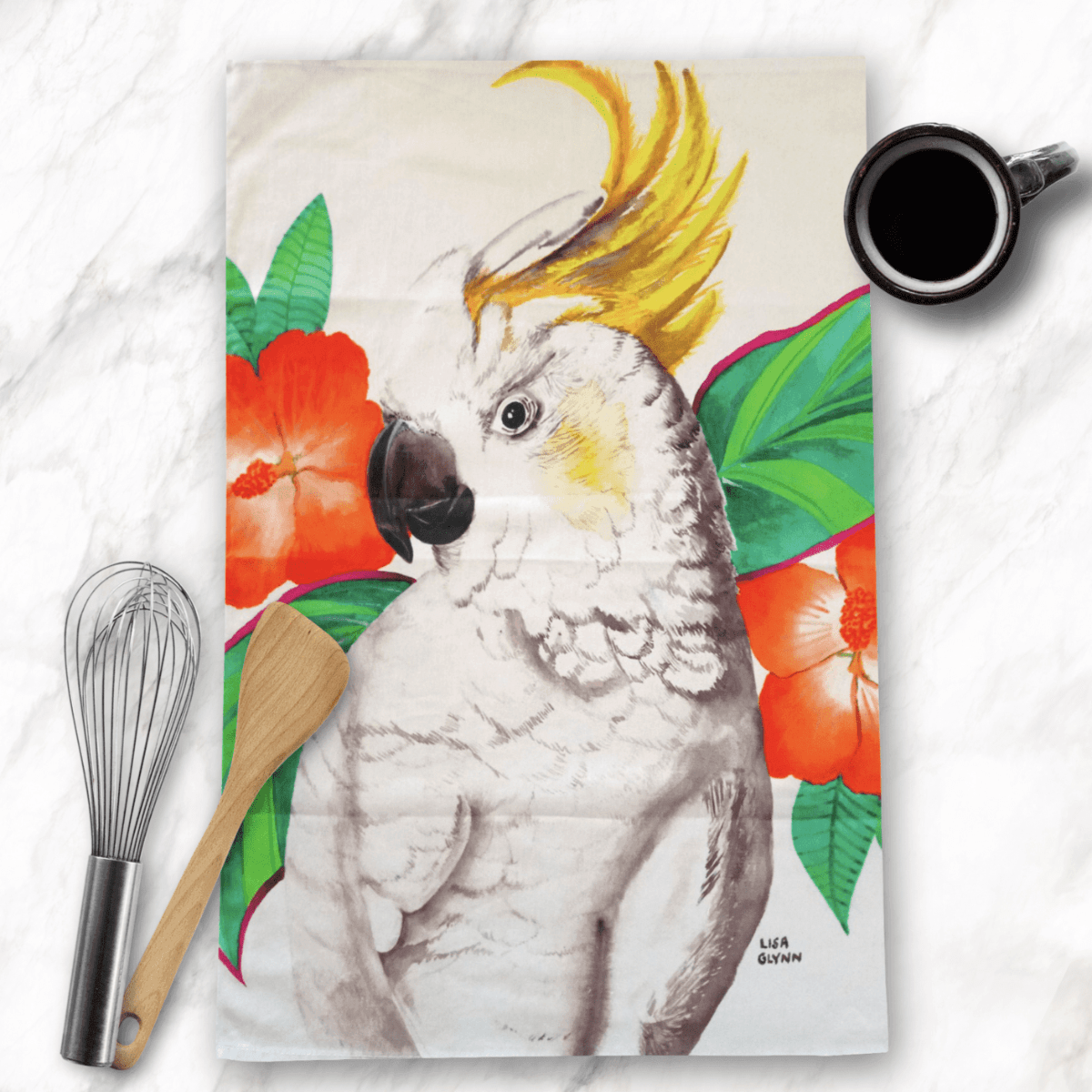 Cockatoo With Hibiscus Tea Towel.