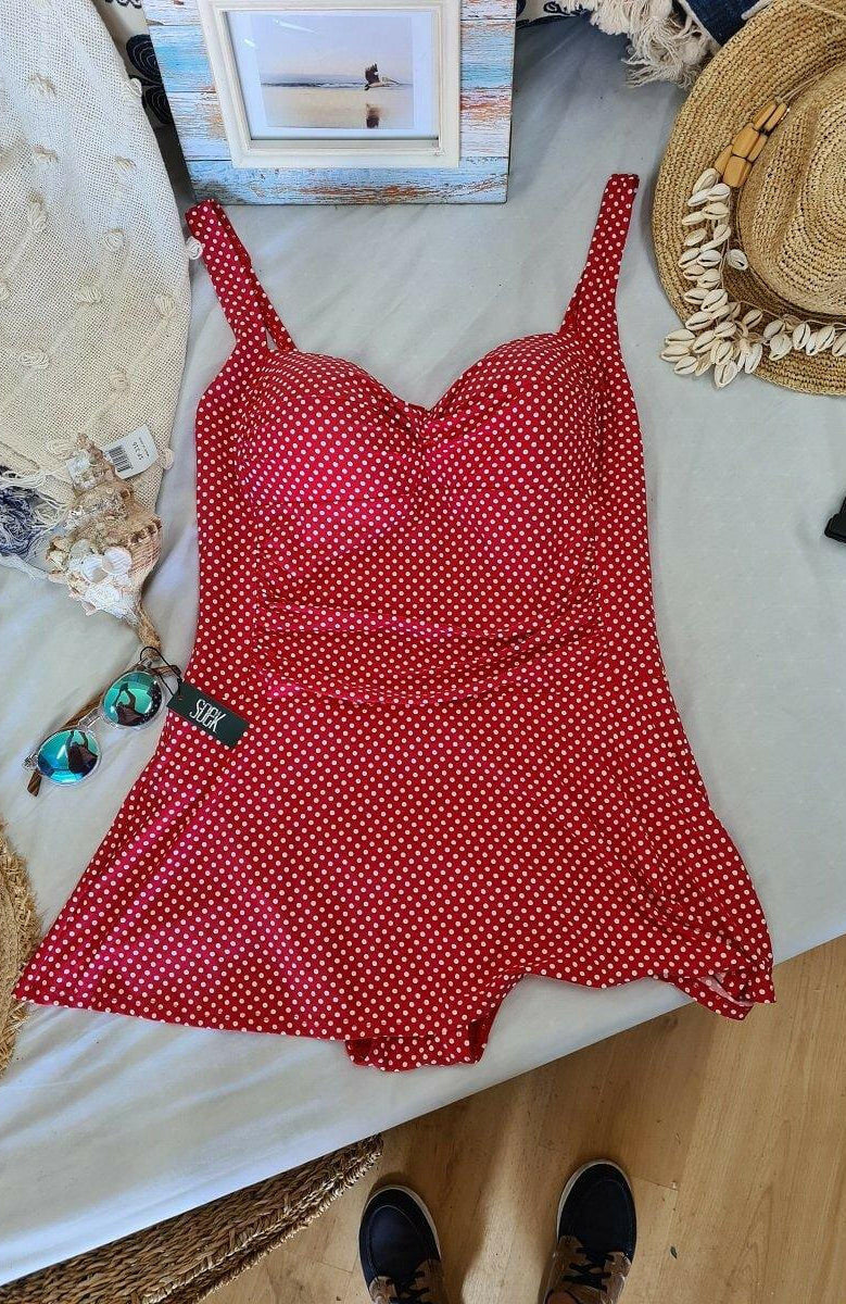 Niptuck Red & White Polka Dot Skirted One Piece.