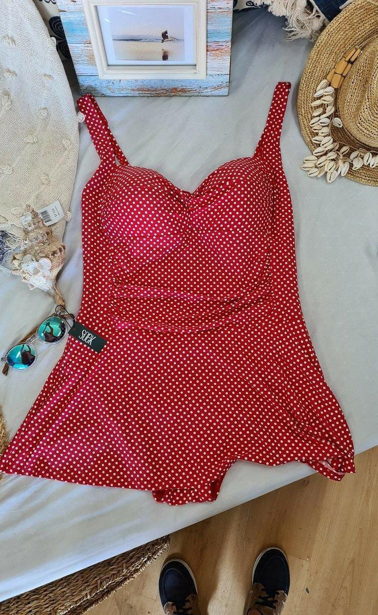 Niptuck Red & White Polka Dot Skirted One Piece.