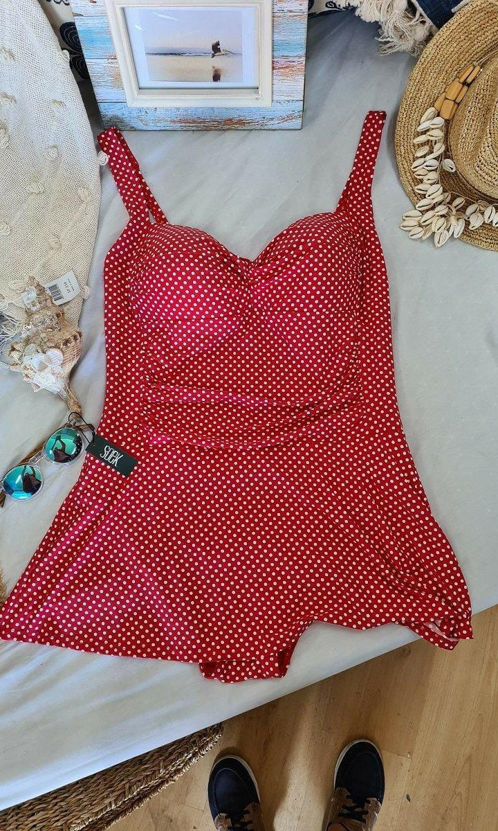 Niptuck Red & White Polka Dot Skirted One Piece.