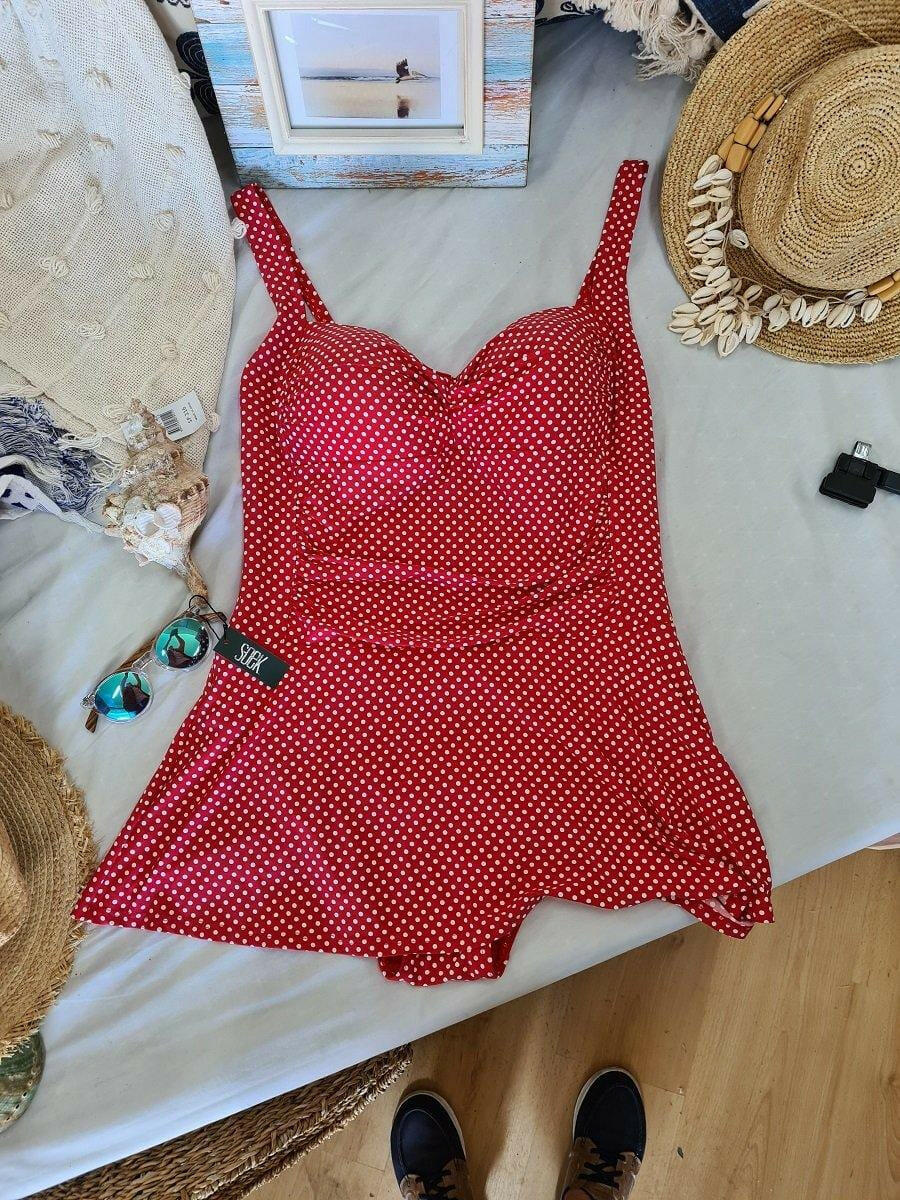 Niptuck Red & White Polka Dot Skirted One Piece.