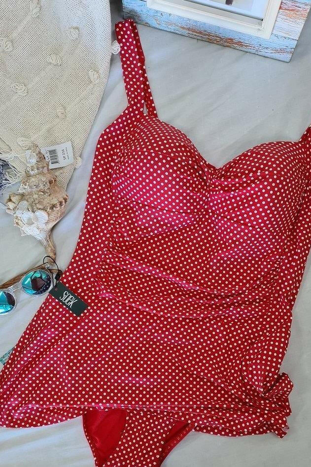 Niptuck Red & White Polka Dot Skirted One Piece.