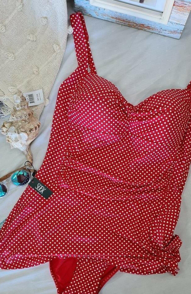 Niptuck Red & White Polka Dot Skirted One Piece.